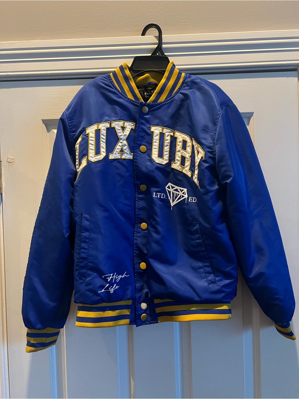Rue21 Royal Blue and Yellow Varsity Jacket - "Luxury" Patch